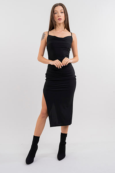 Vestido midi escote drapeado NEGRO