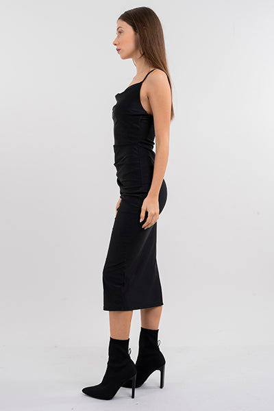 Vestido midi escote drapeado NEGRO