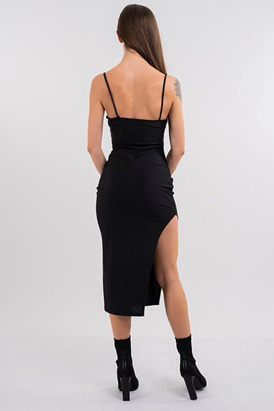 Vestido midi escote drapeado NEGRO