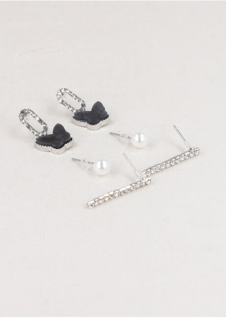 Set 3 Pares Aretes Barrita Mariposa NEGRO