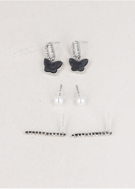 Set 3 Pares Aretes Barrita Mariposa NEGRO