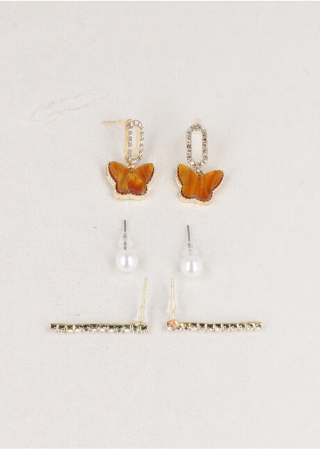 Set 3 Pares Aretes Barrita Mariposa LADRILLO