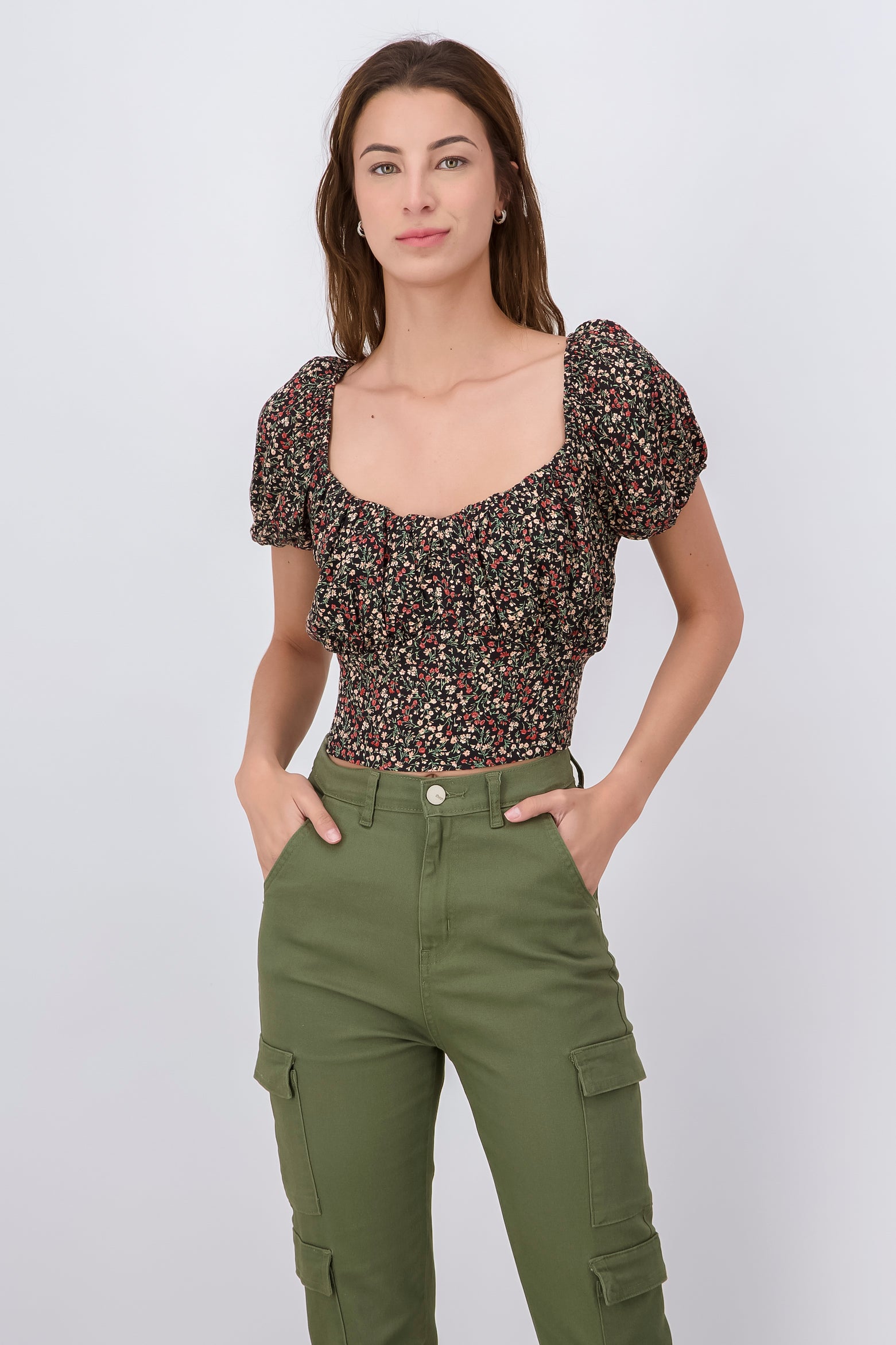 Blusa manga abullonada flores NEGRO COMBO