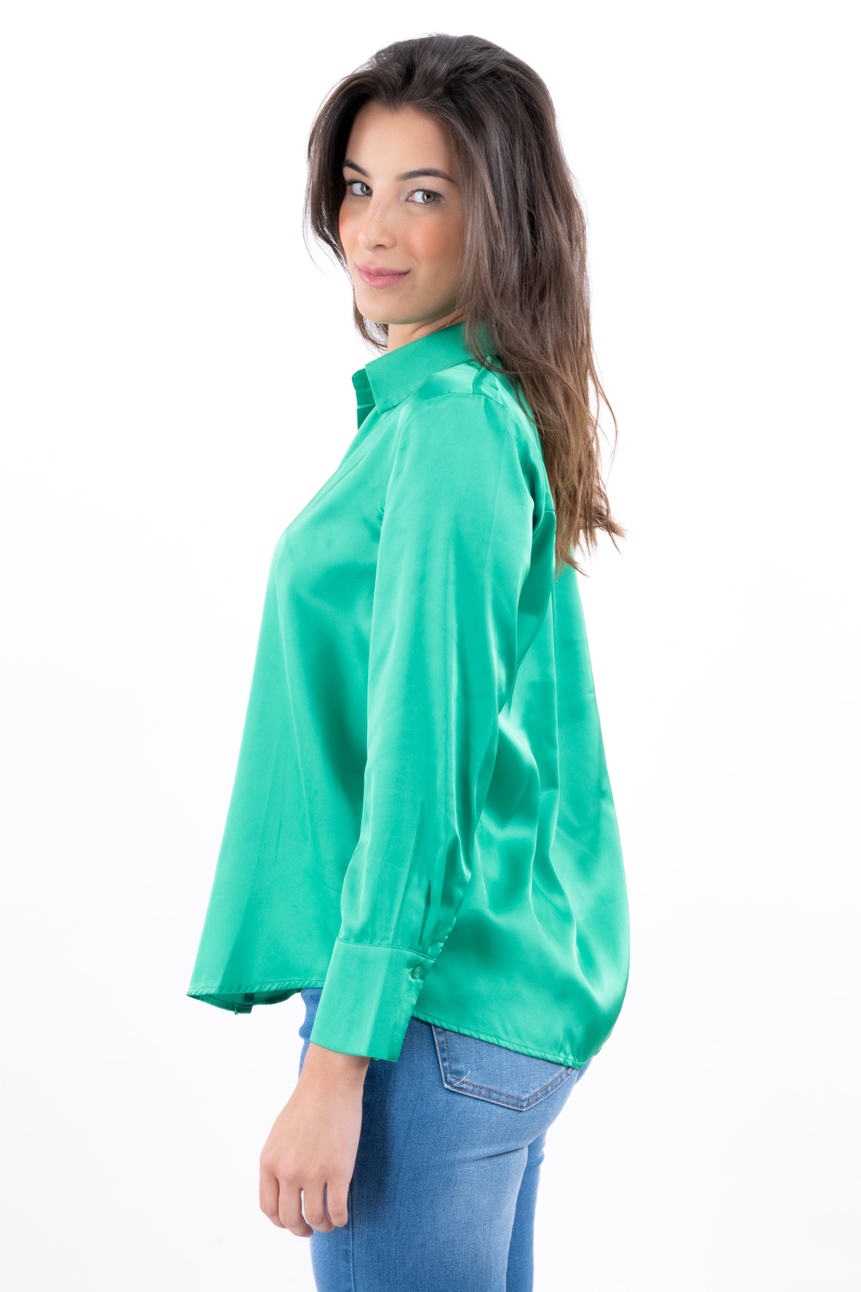 Camisa satín manga larga VERDE