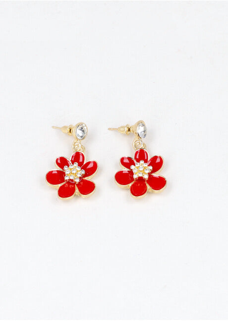 Aretes Perla Flor Color ROJO