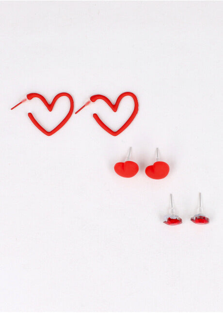 Set 3 Pares Stud Heart RED