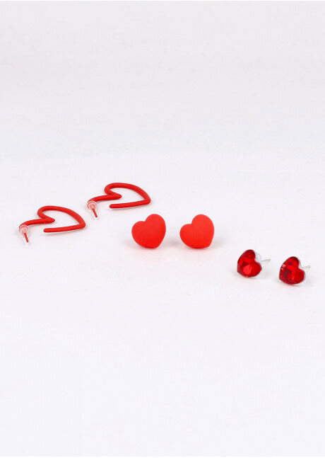 Set 3 Pares Stud Heart RED