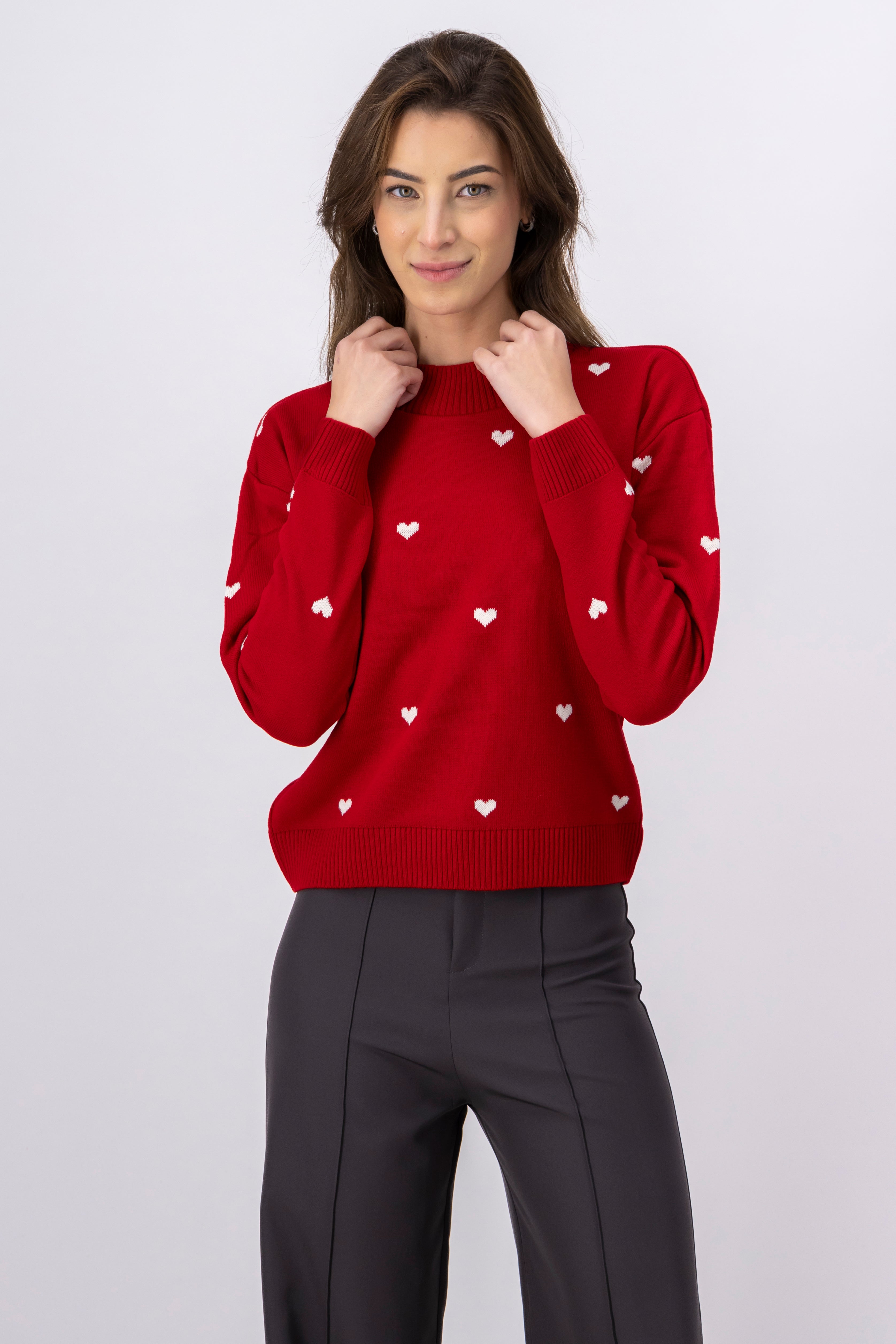 High neck heart sweater Combo red