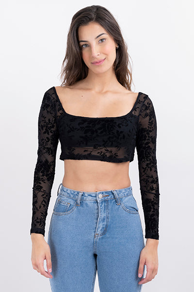 Top crop mesh manga larga NEGRO