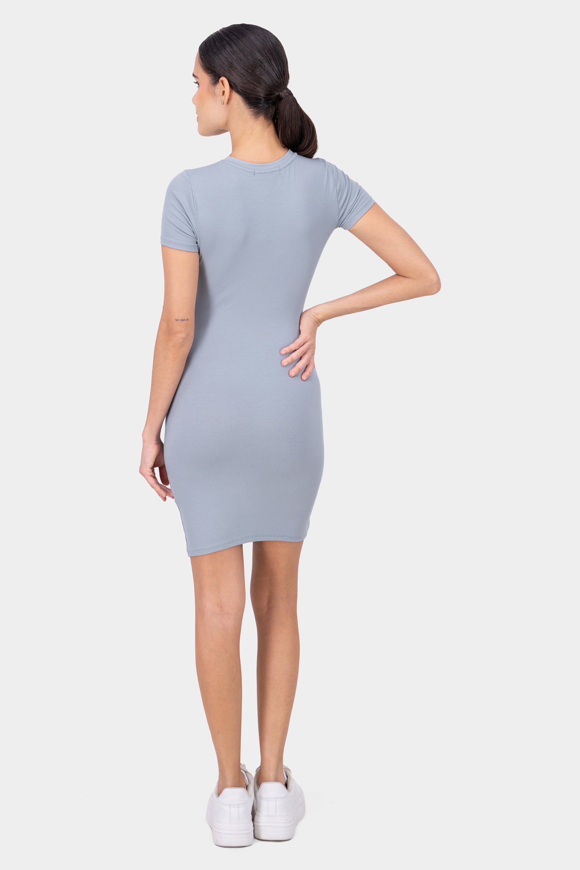 Short -sleeved mini dress opening BLUE