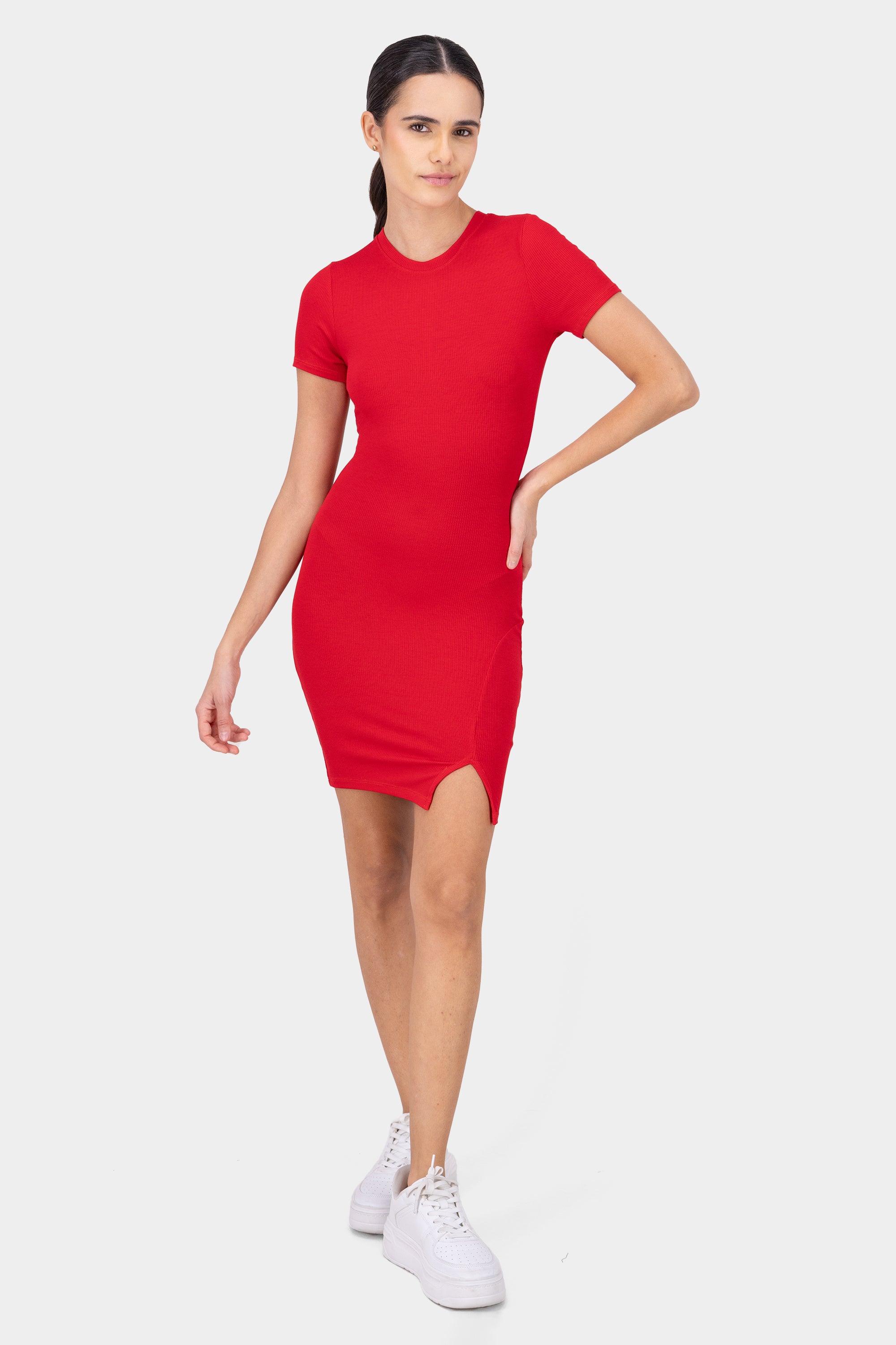 Short -sleeved mini dress opening Burned red