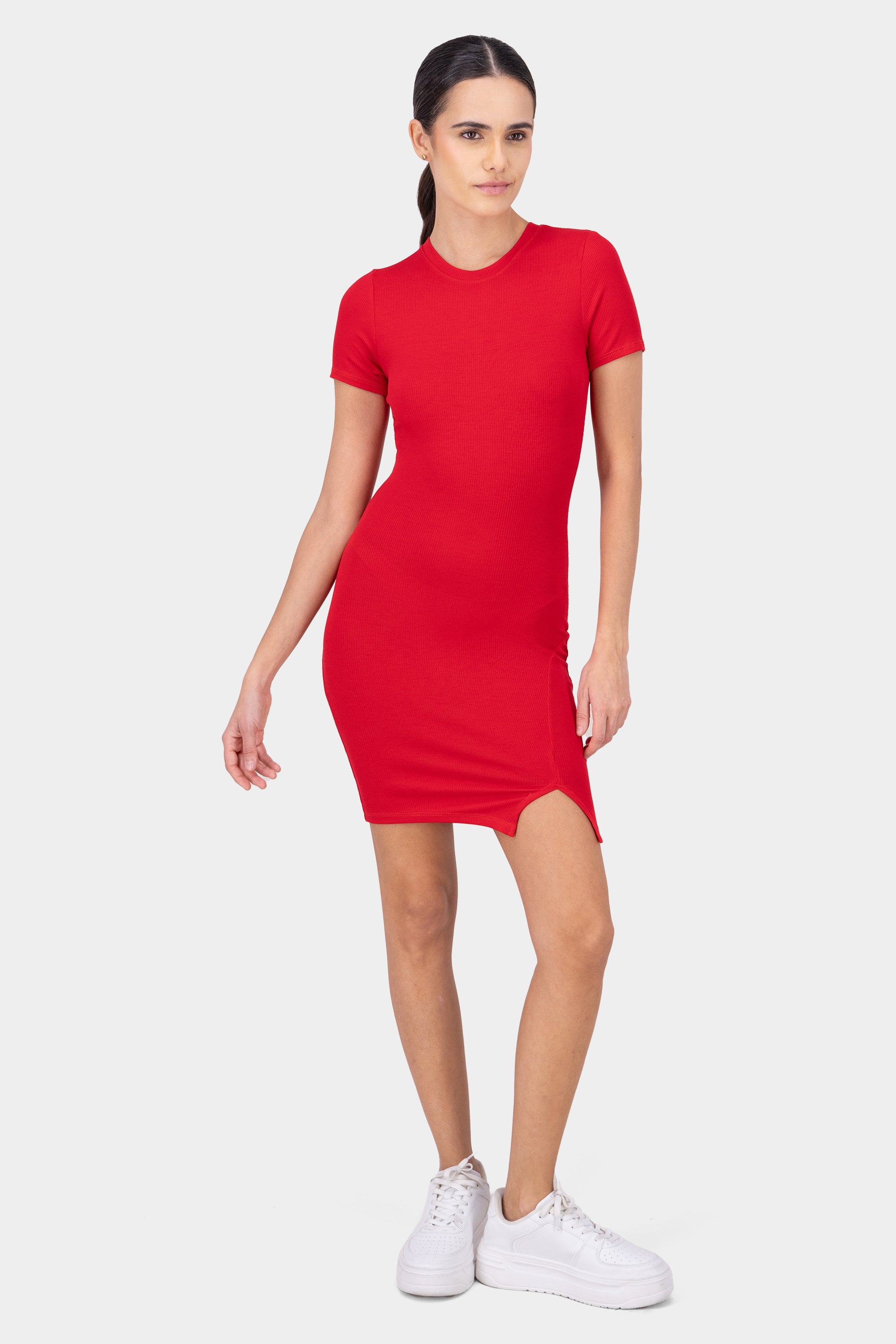 Short -sleeved mini dress opening Burned red