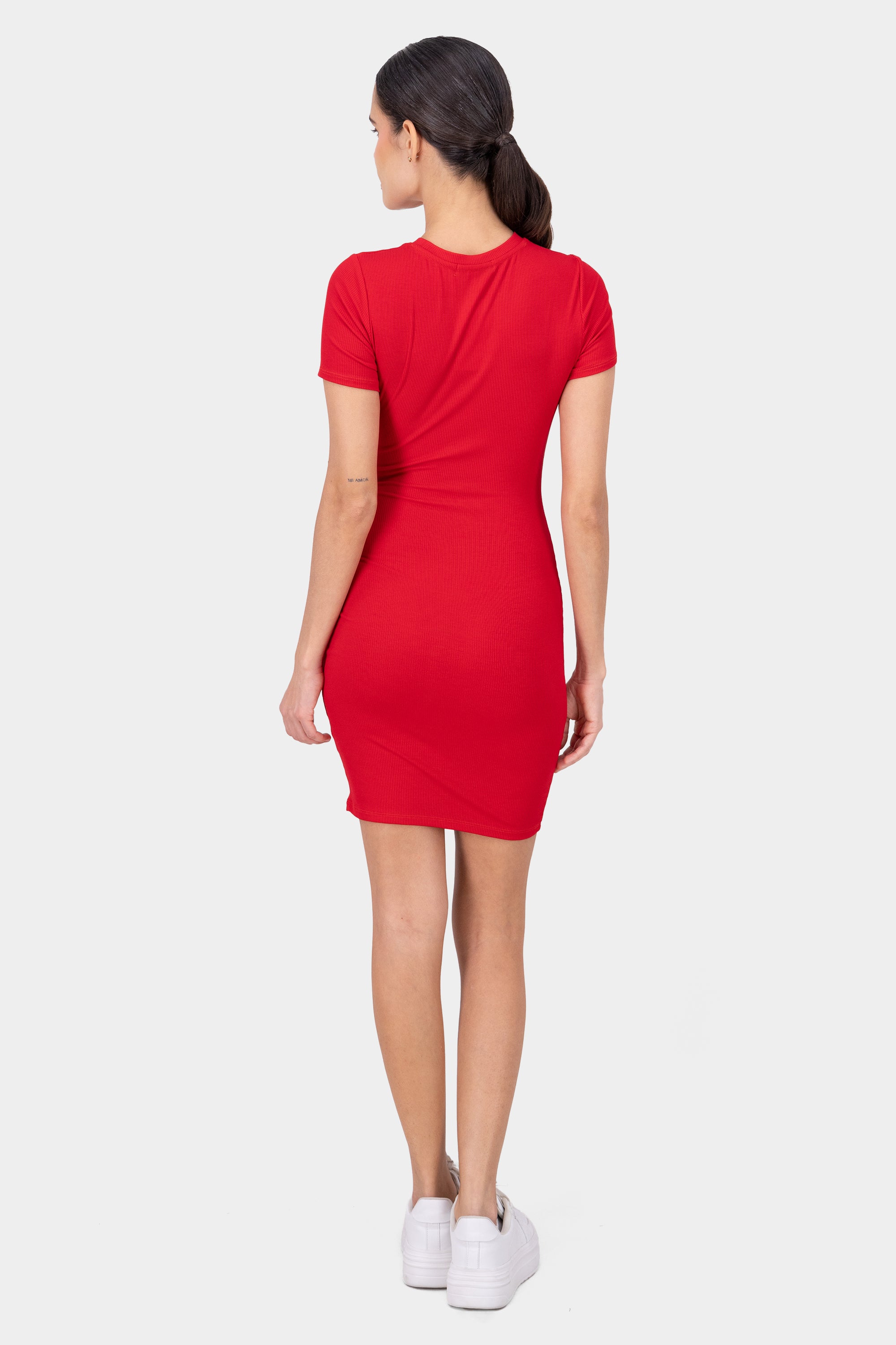 Short -sleeved mini dress opening Burned red