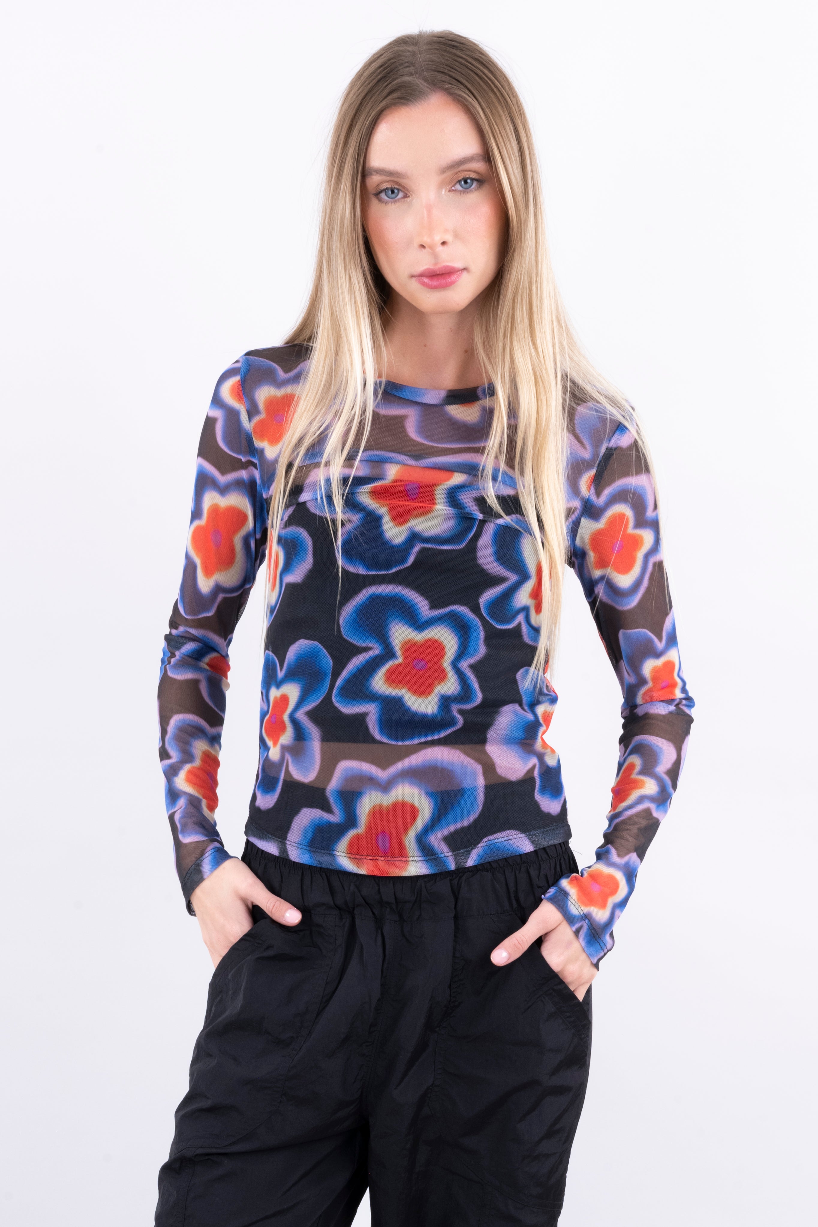 TOP MESH Long Sleeve Flowers Tie Dye Black Combo