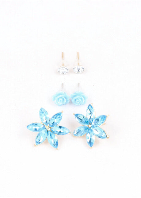 3Pr Aretes Flor Cristal AZUL