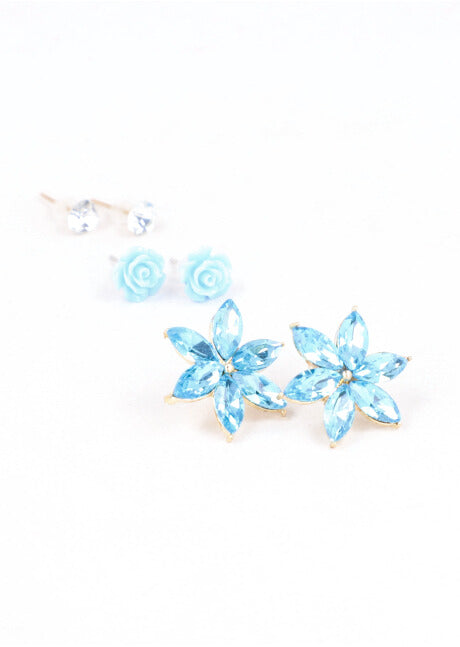 3Pr Aretes Flor Cristal AZUL