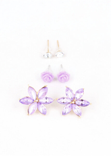 3Pr Aretes Flor Cristal MORADO