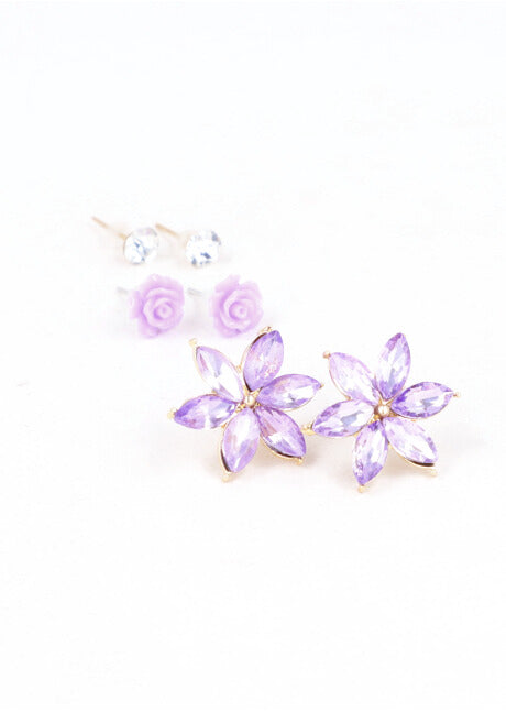 3Pr Aretes Flor Cristal MORADO