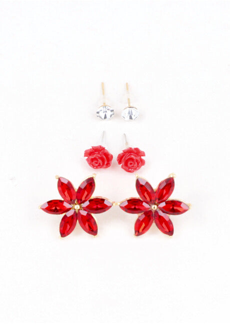 3Pr Aretes Flor Cristal ROJO