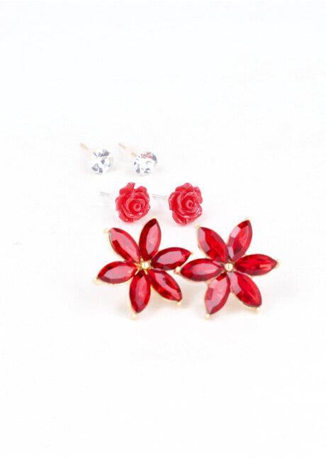 3Pr Aretes Flor Cristal ROJO