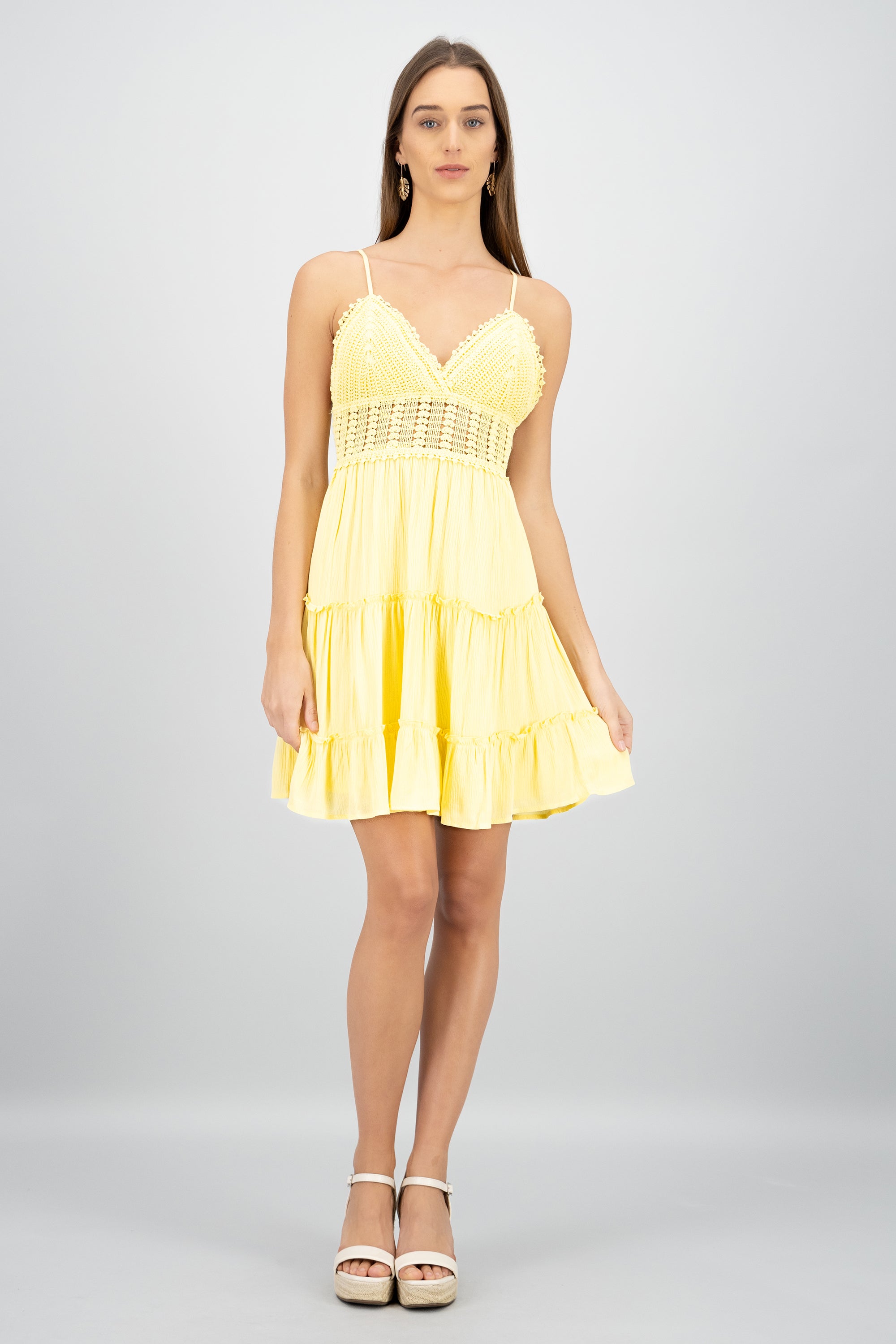 Vestido mini tirantes crochet AMARILLO