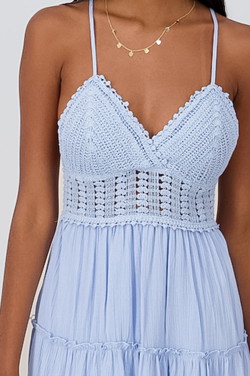 Vestido mini tirantes crochet AZUL CIELO