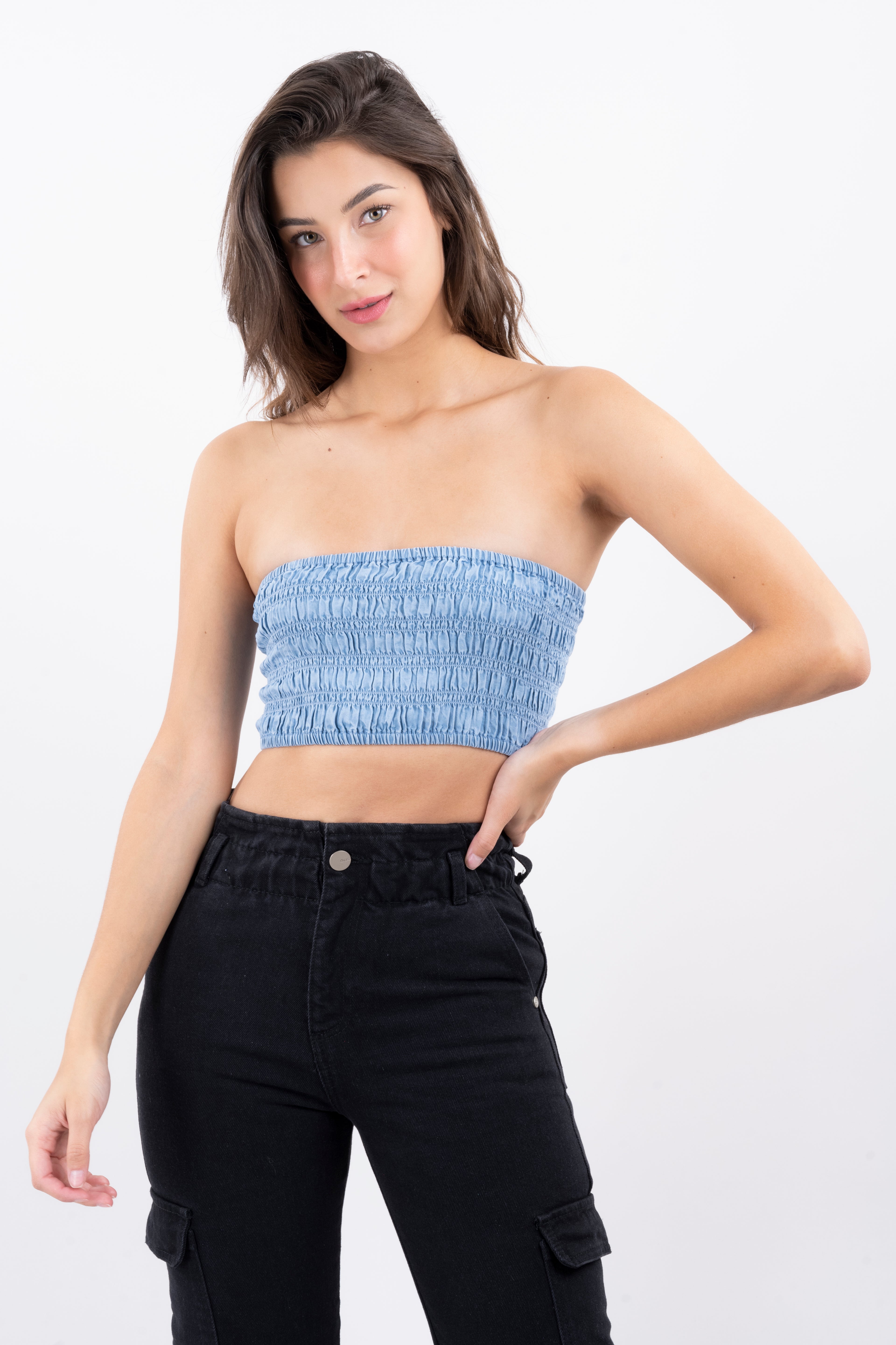 Top Bandeau Denim Fruncido Light Wash