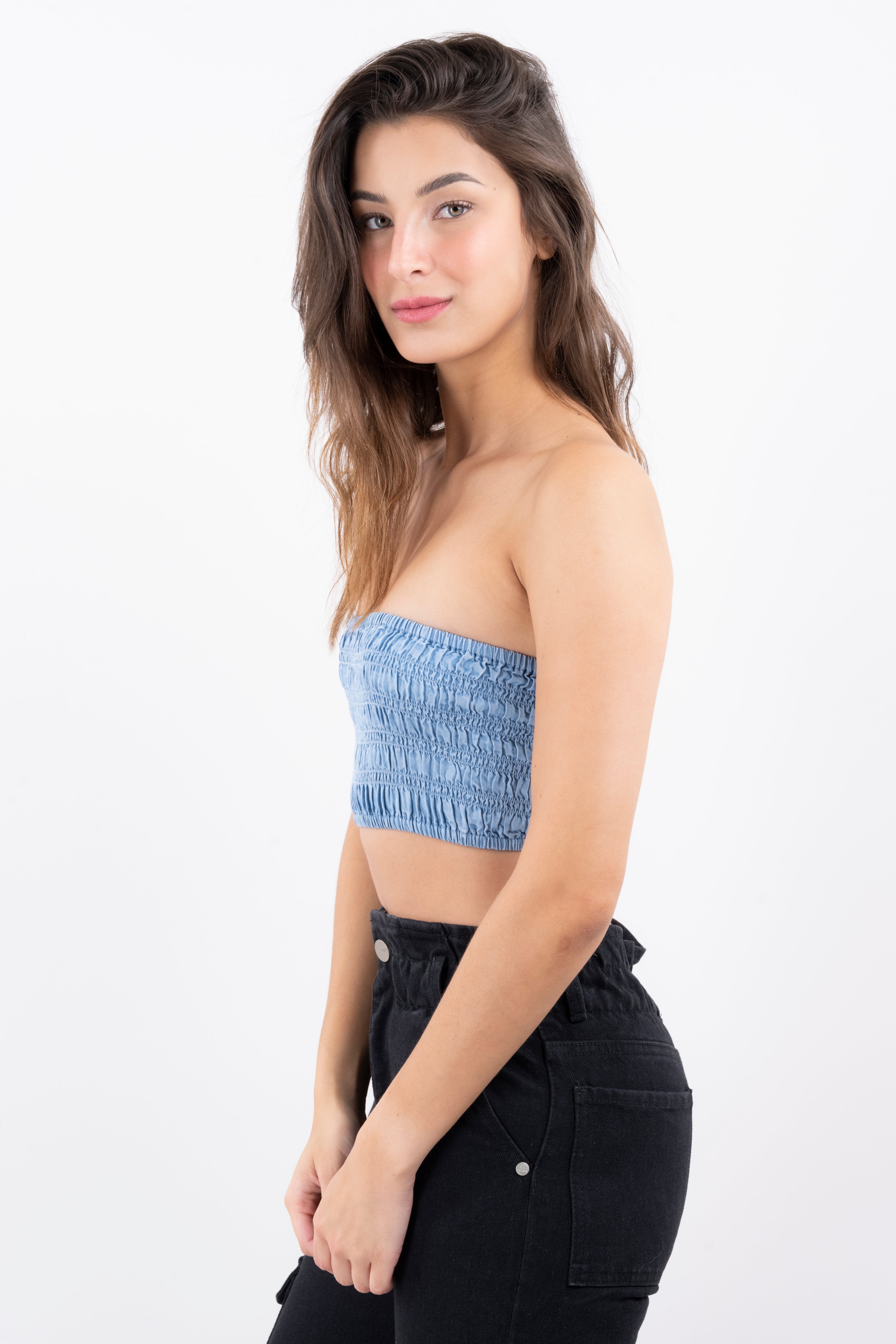 Top Bandeau Denim Fruncido Light Wash