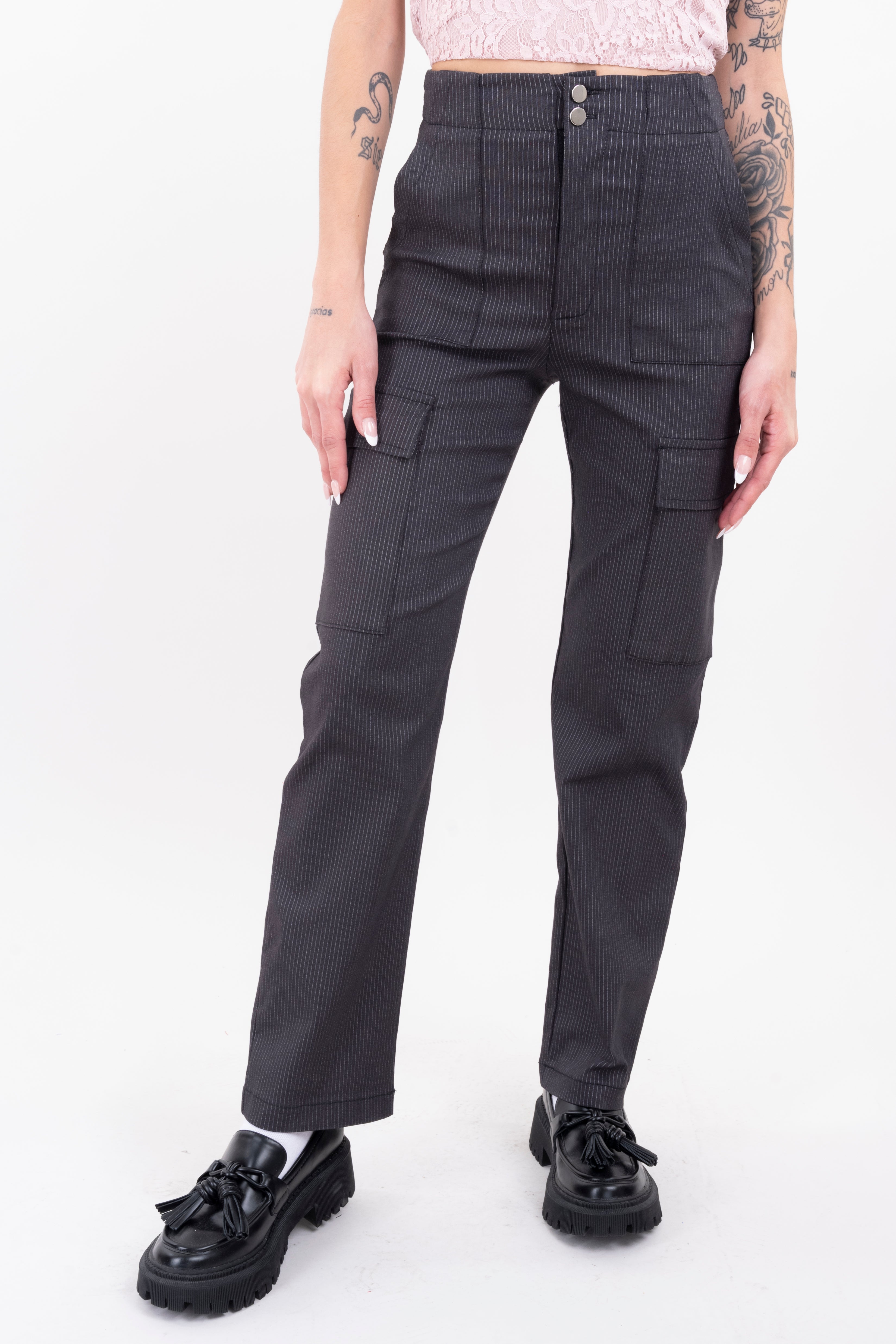 Pantalón cargo rayado botones NEGRO COMBO