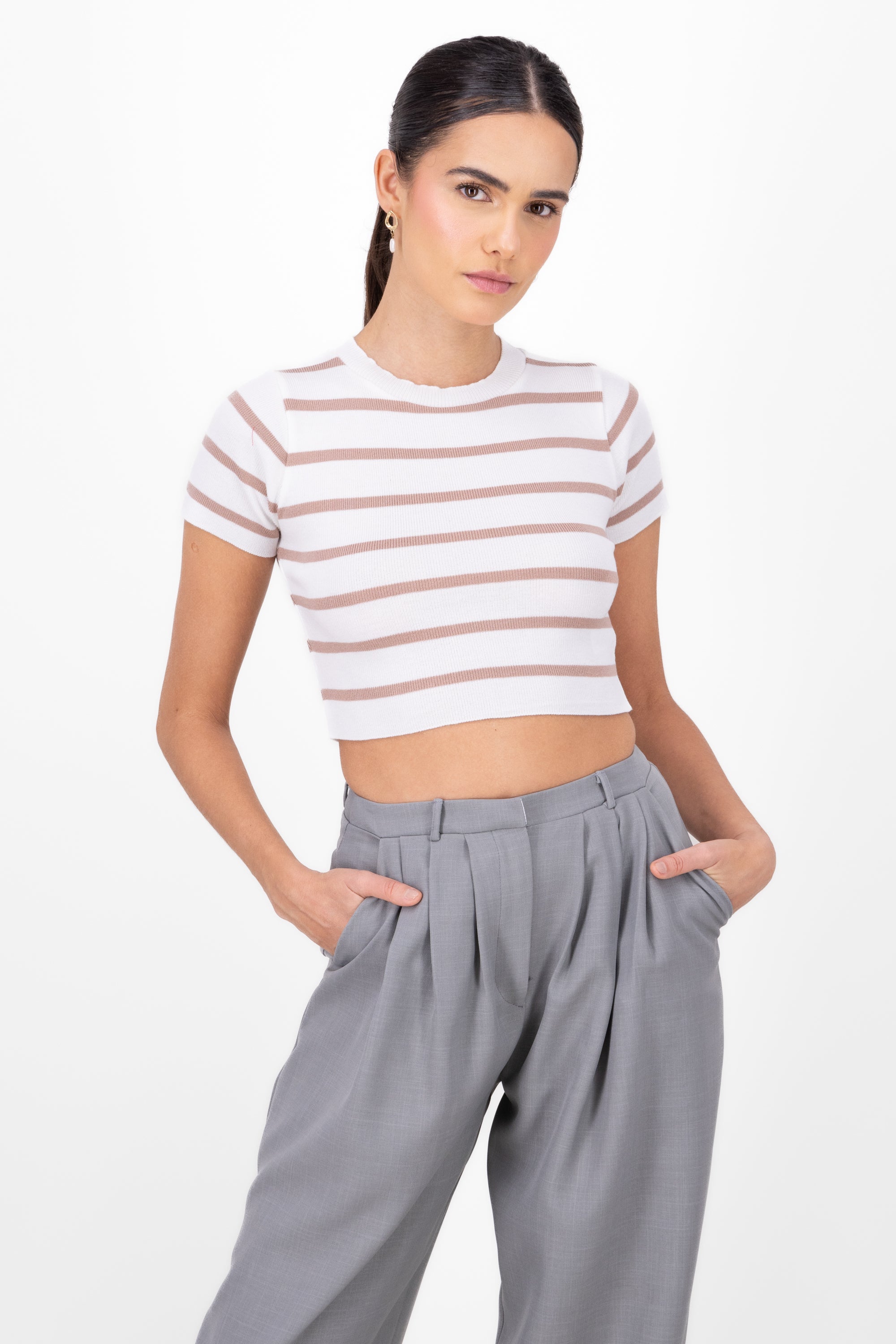 Top Crop Punto Manga Corta Rayas NUDE