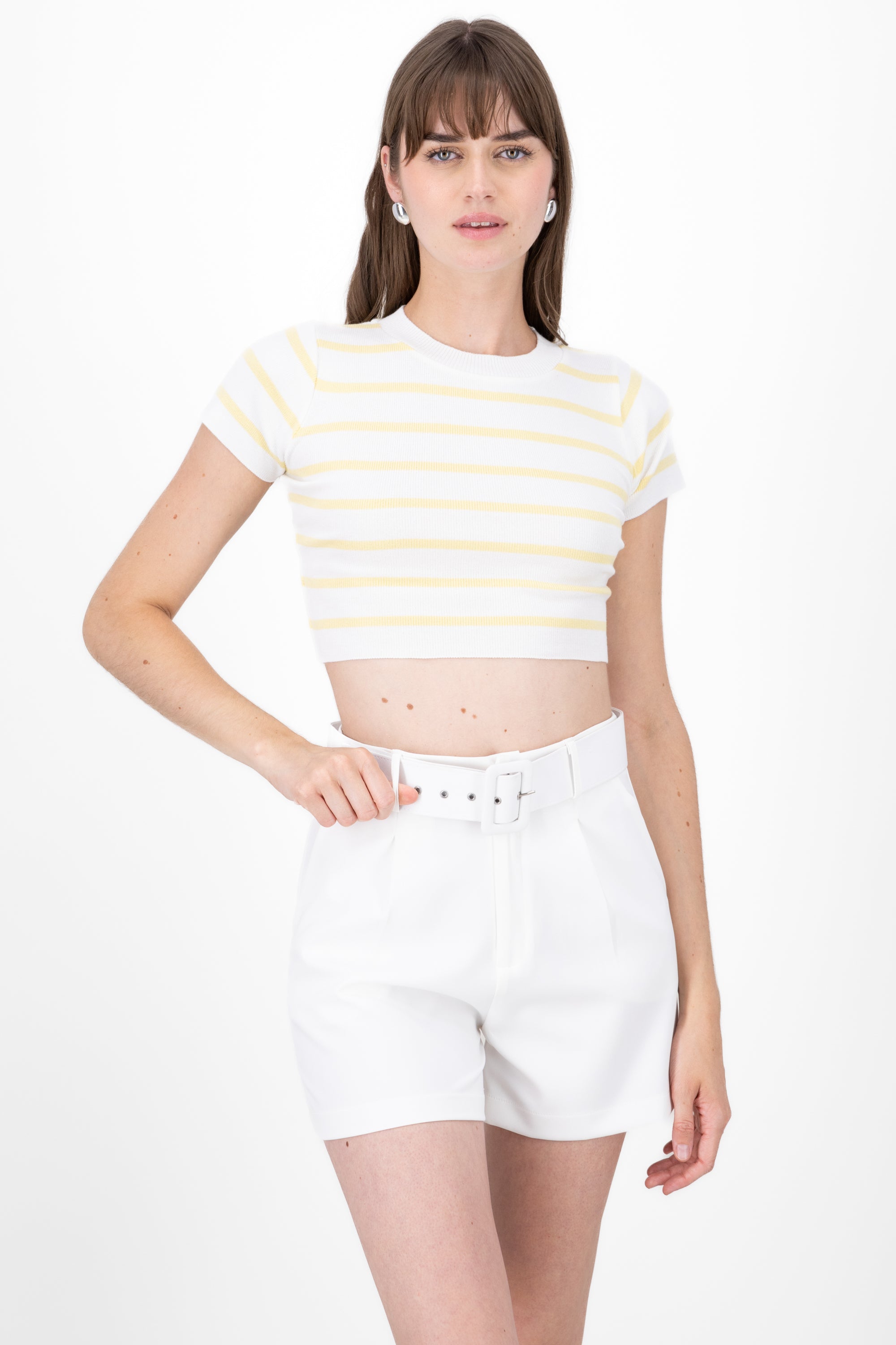 Top Crop Punto Manga Corta Rayas AMARILLO PASTEL