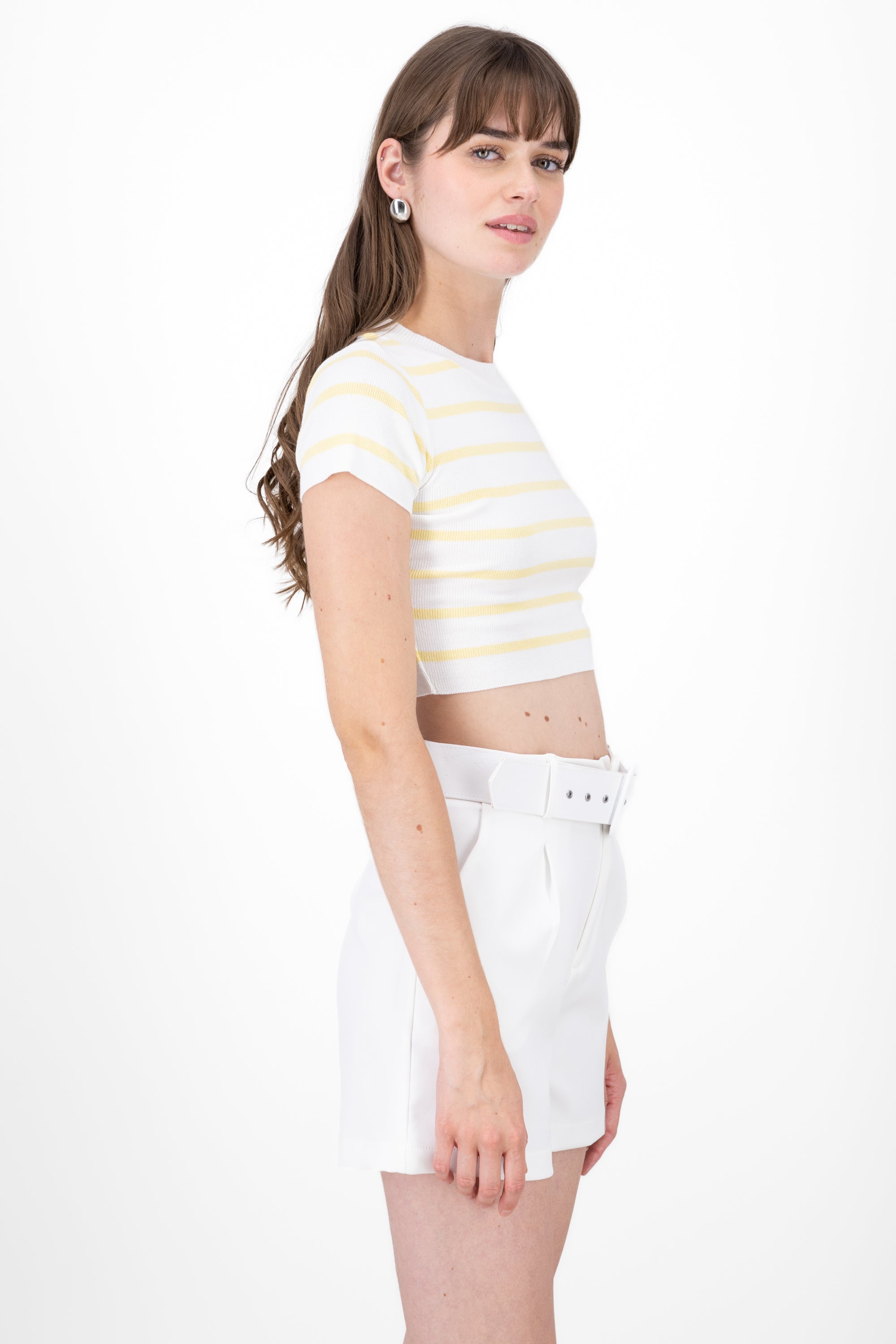 Top Crop Punto Manga Corta Rayas AMARILLO PASTEL