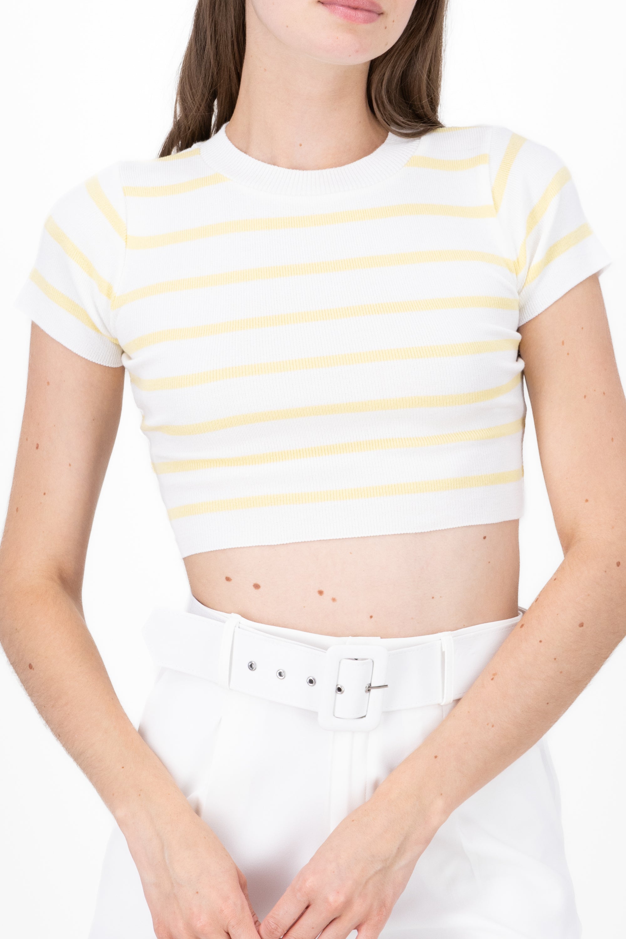 Top Crop Punto Manga Corta Rayas AMARILLO PASTEL