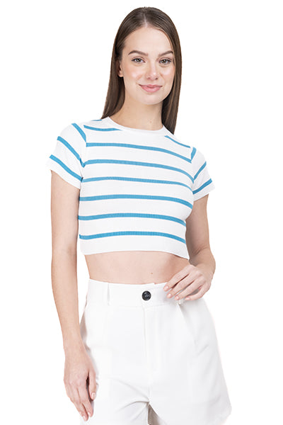 Top Crop Punto Manga Corta Rayas AZUL