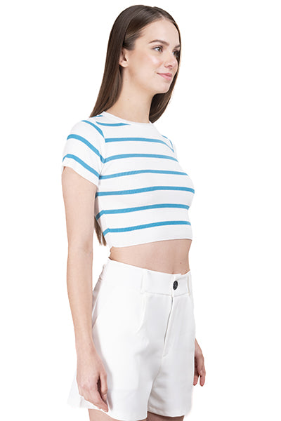 Top Crop Punto Manga Corta Rayas AZUL