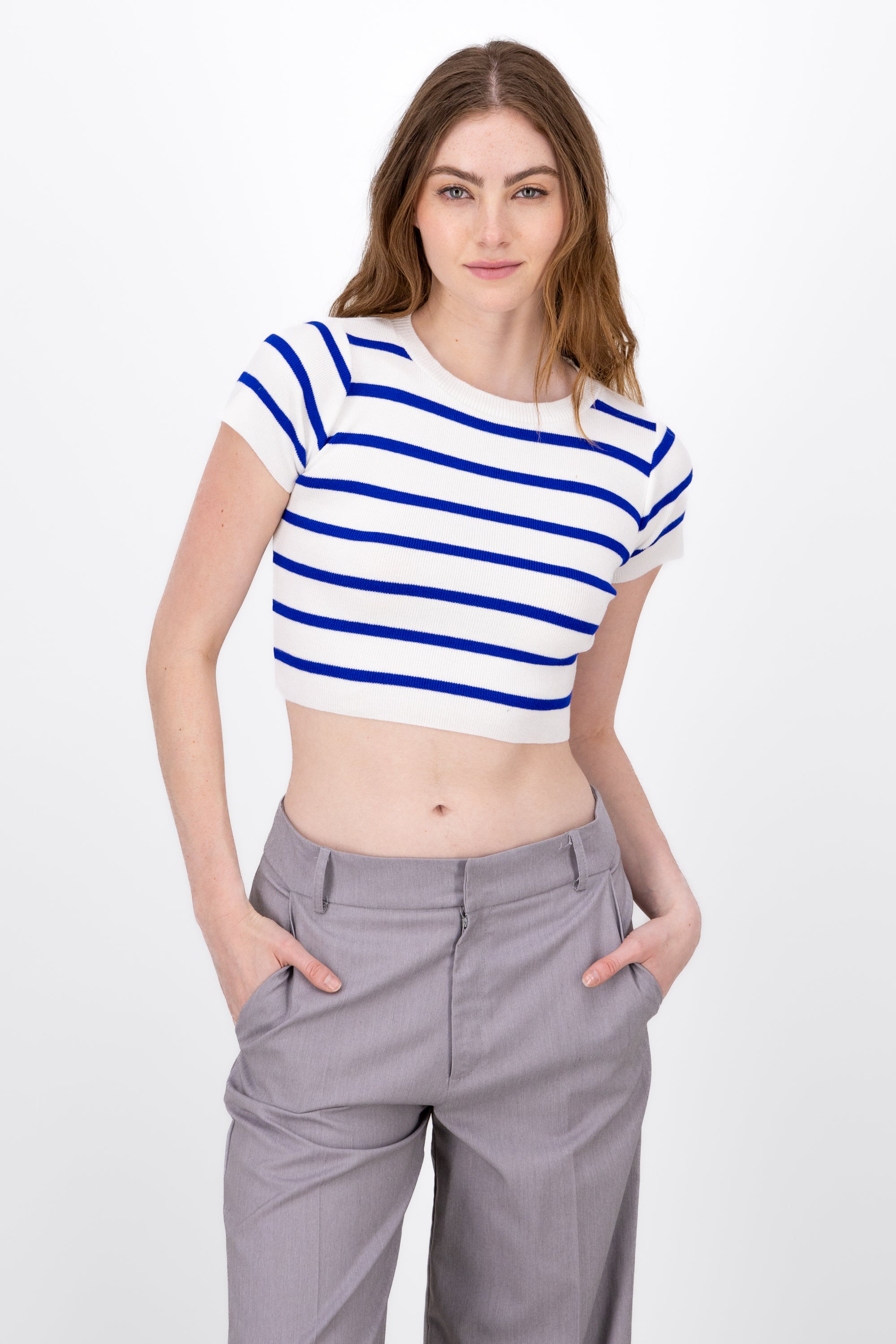 Top Crop Punto Manga Corta Rayas AZUL REY