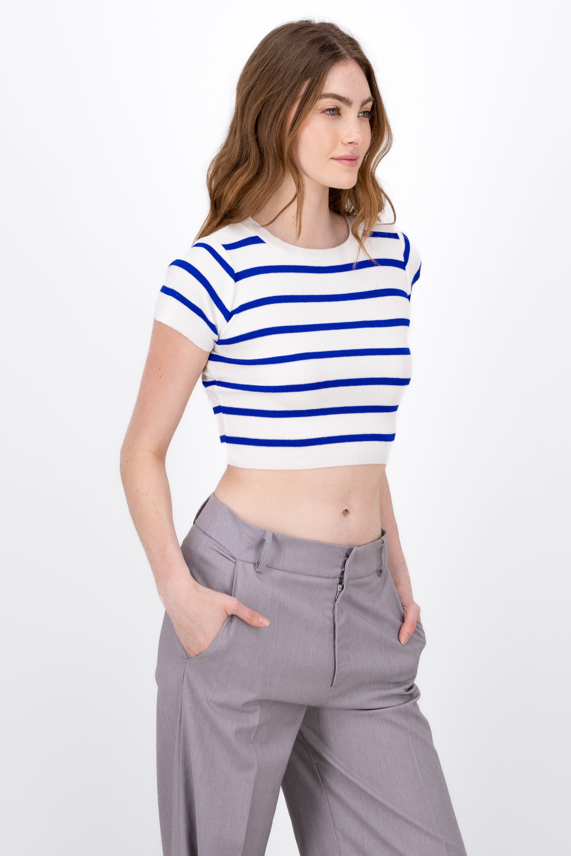 Top Crop Punto Manga Corta Rayas AZUL REY