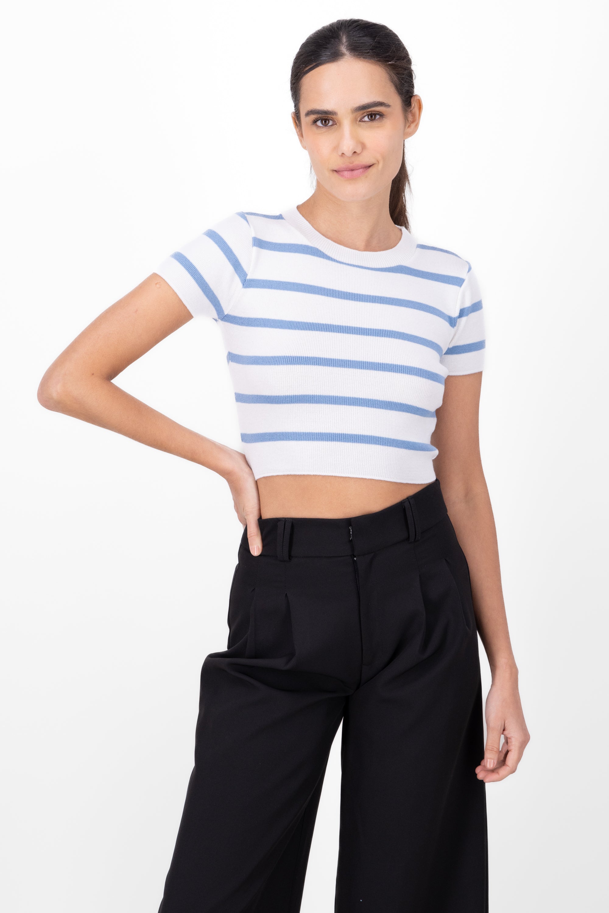 Top Crop Punto Manga Corta Rayas AZUL PASTEL