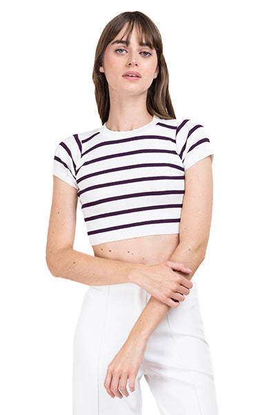 Top Crop Punto Manga Corta Rayas MORADO