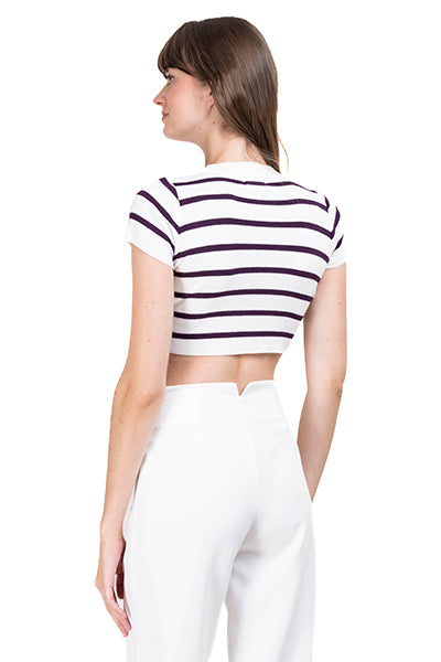 Top Crop Punto Manga Corta Rayas MORADO