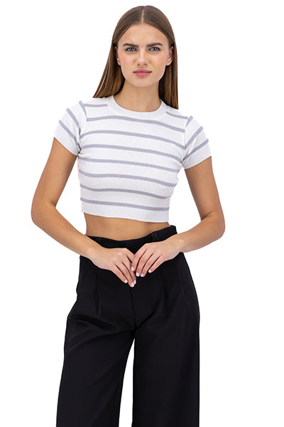 Top Crop Punto Manga Corta Rayas GRIS CLARO