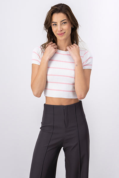 Top Crop Punto Manga Corta Rayas ROSA