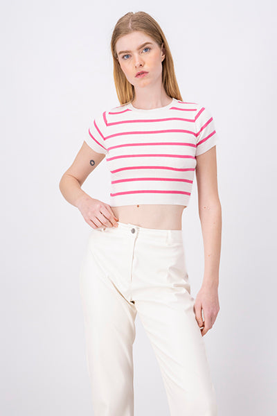 Top Crop Punto Manga Corta Rayas ROSA COMBO