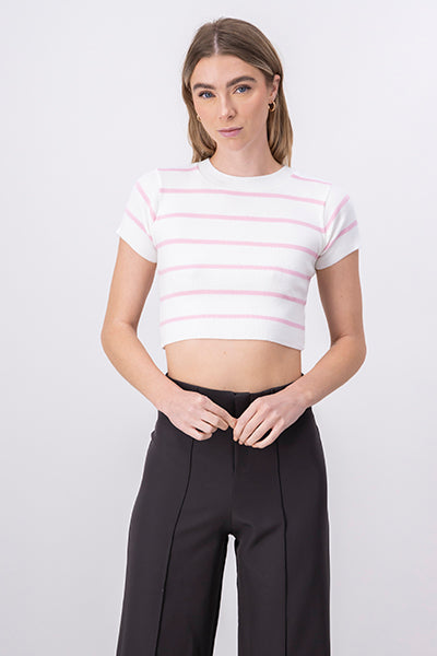 Top Crop Punto Manga Corta Rayas ROSA PASTEL