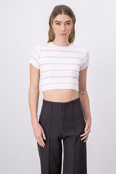 Top Crop Punto Manga Corta Rayas ROSA PASTEL