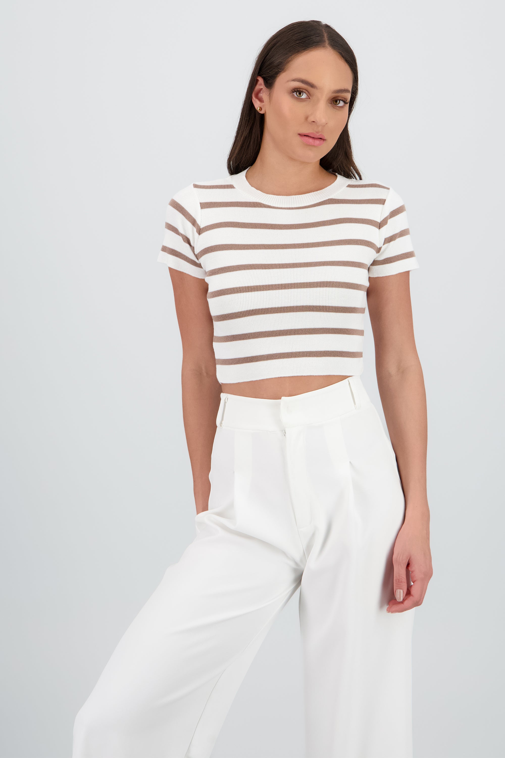 Top Crop Punto Manga Corta Rayas KHAKI COMBO