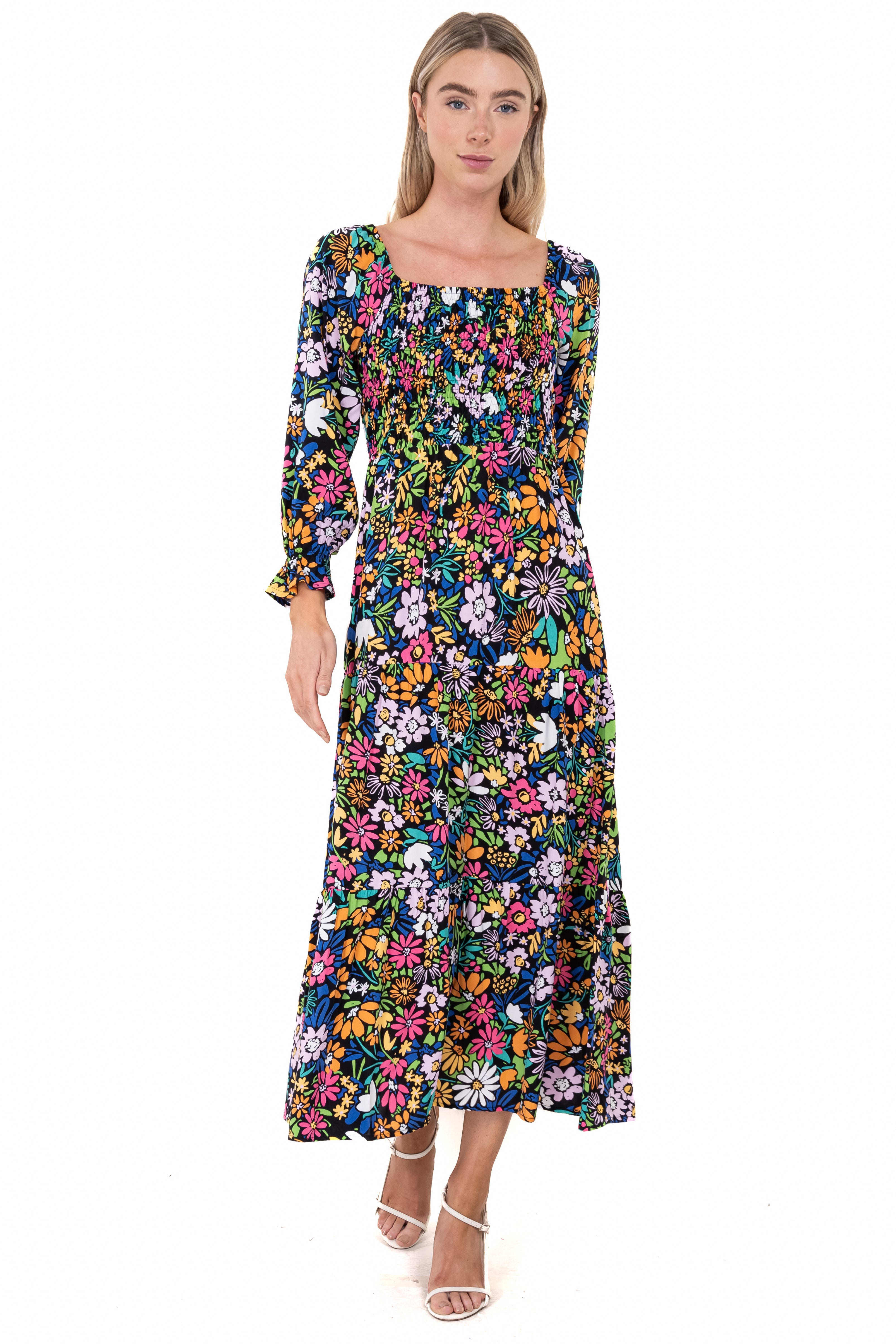 Maxi Dress Flowered elastic fabric Black Combo