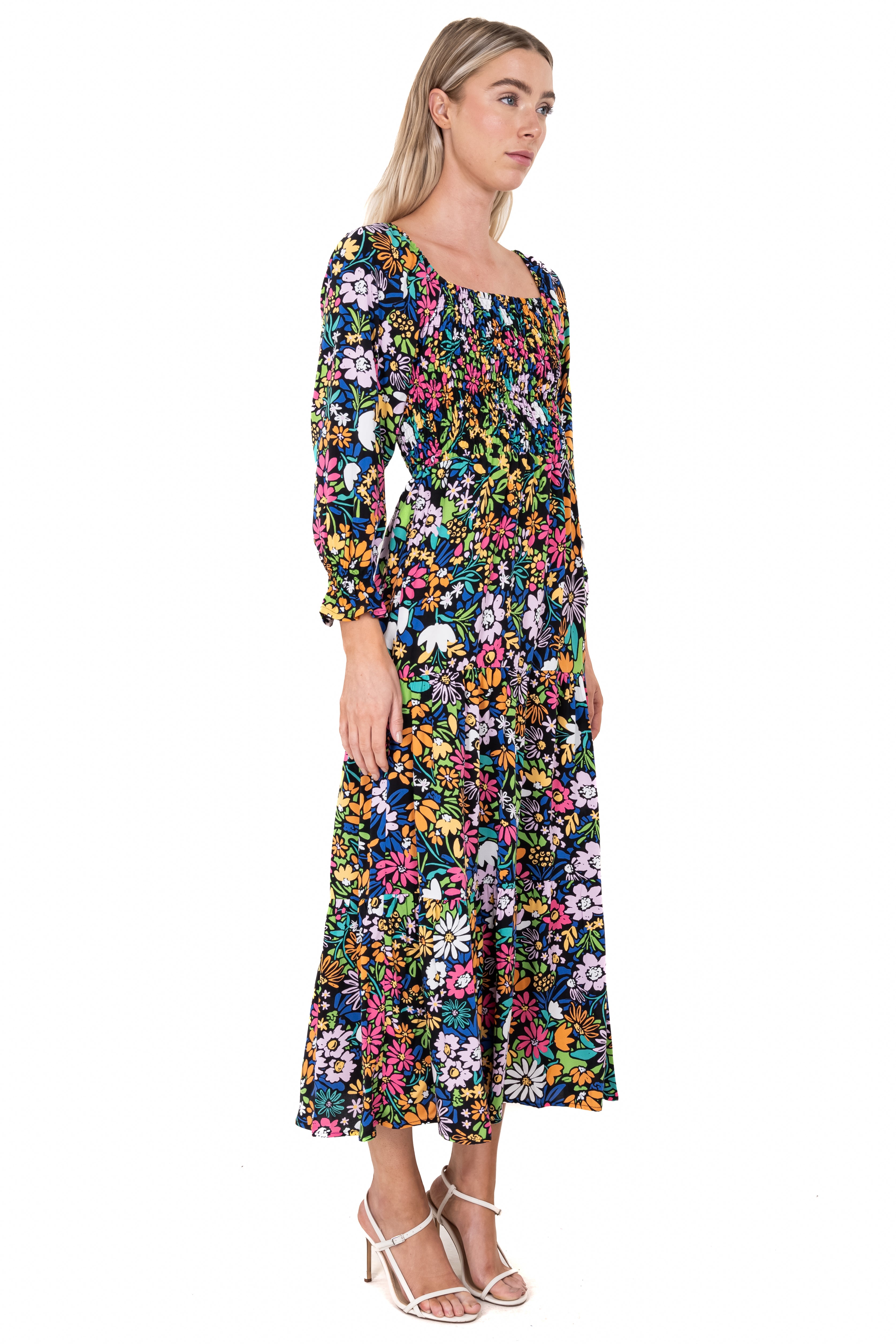 Maxi Dress Flowered elastic fabric Black Combo