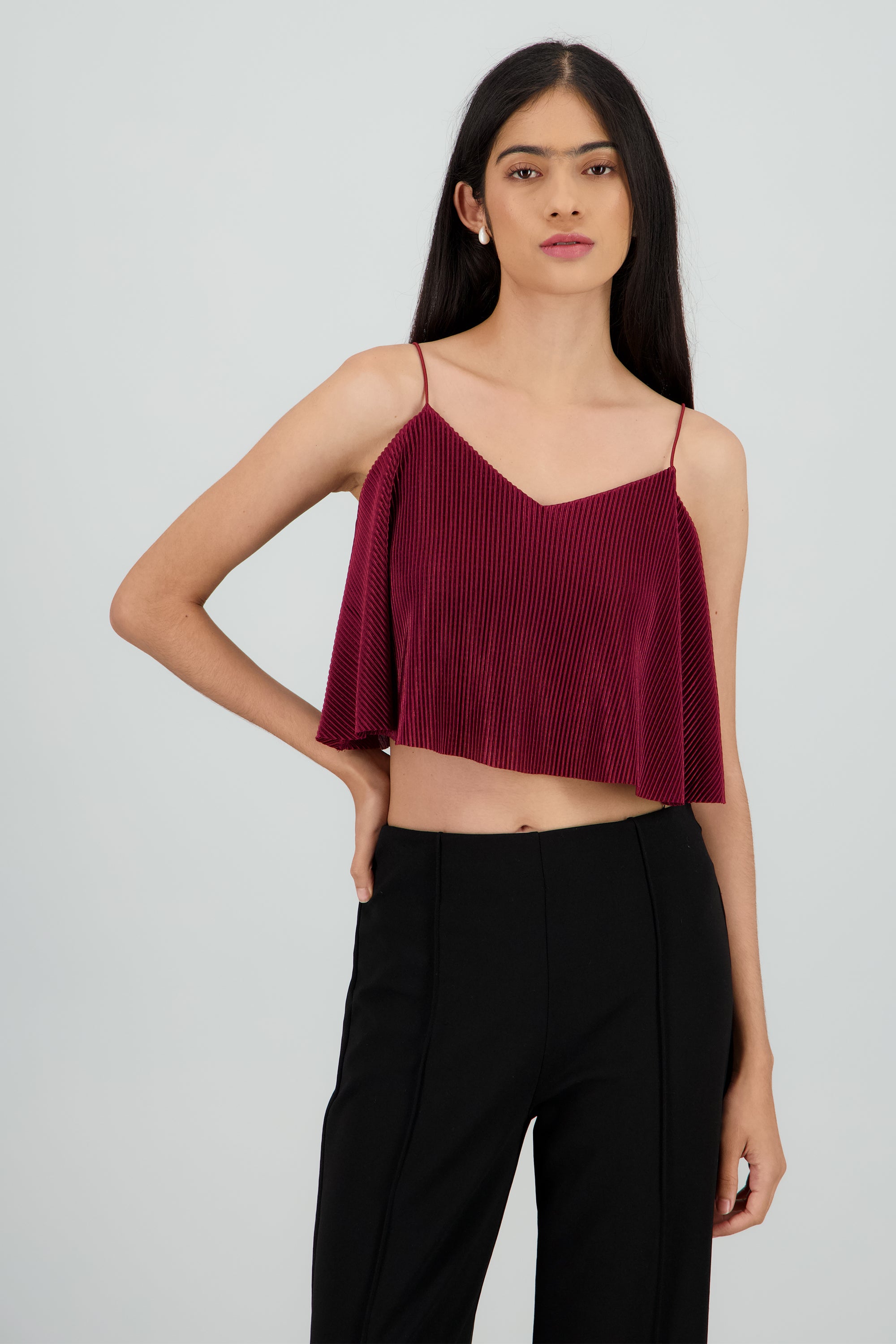 Top Crop Tejido Plisado Tirantes CIRUELA