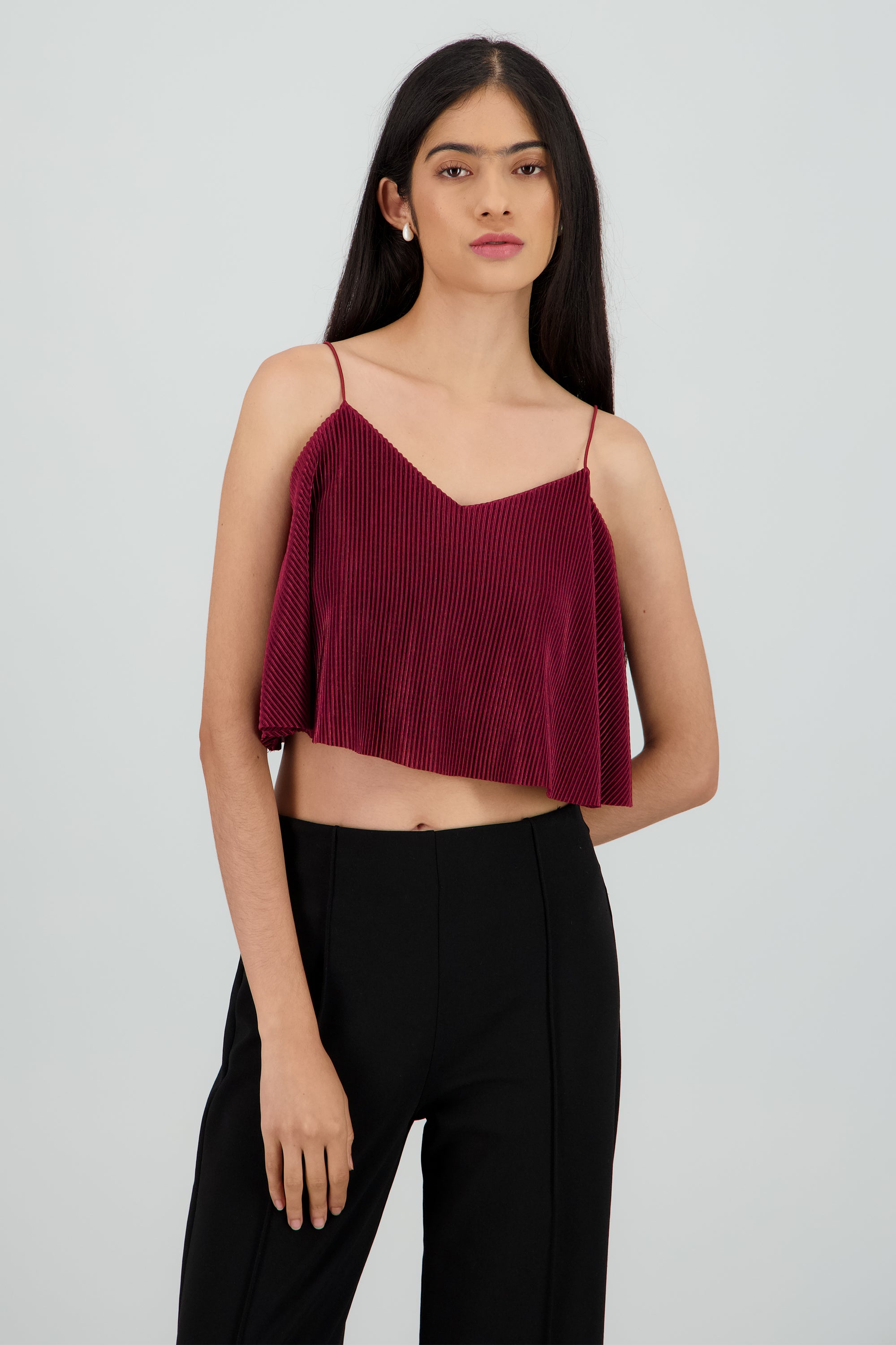 Top Crop Tejido Plisado Tirantes CIRUELA